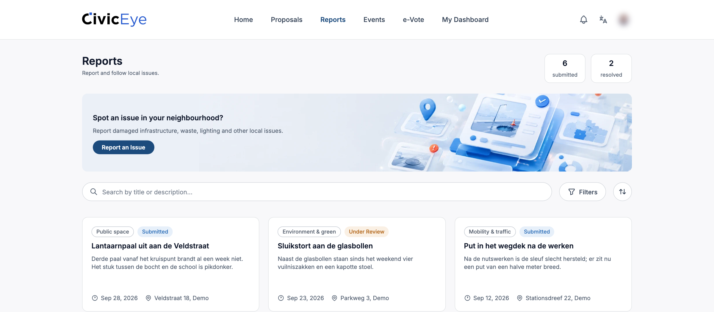 Civic Eye issue reports with category, status and location of local problems